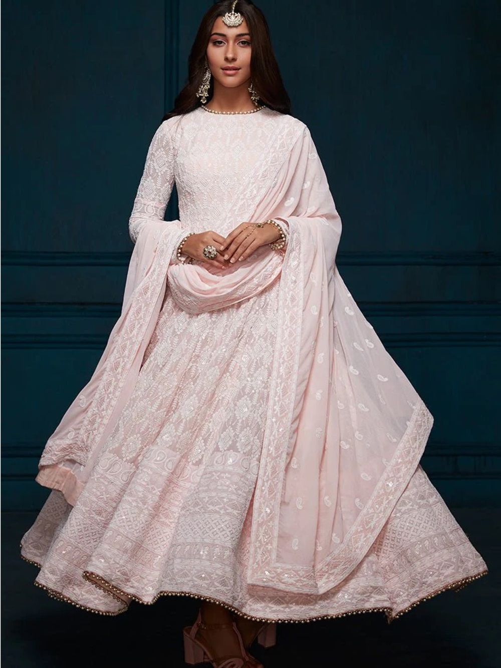 Light Pink Embroidered Maxi Anarkali Dress with Dupatta